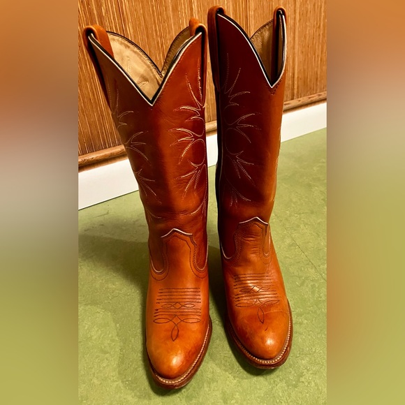 1980 Vintage Frye Leather Cognac Tree Art Embroidered Cowboy Boots - Picture 1 of 8